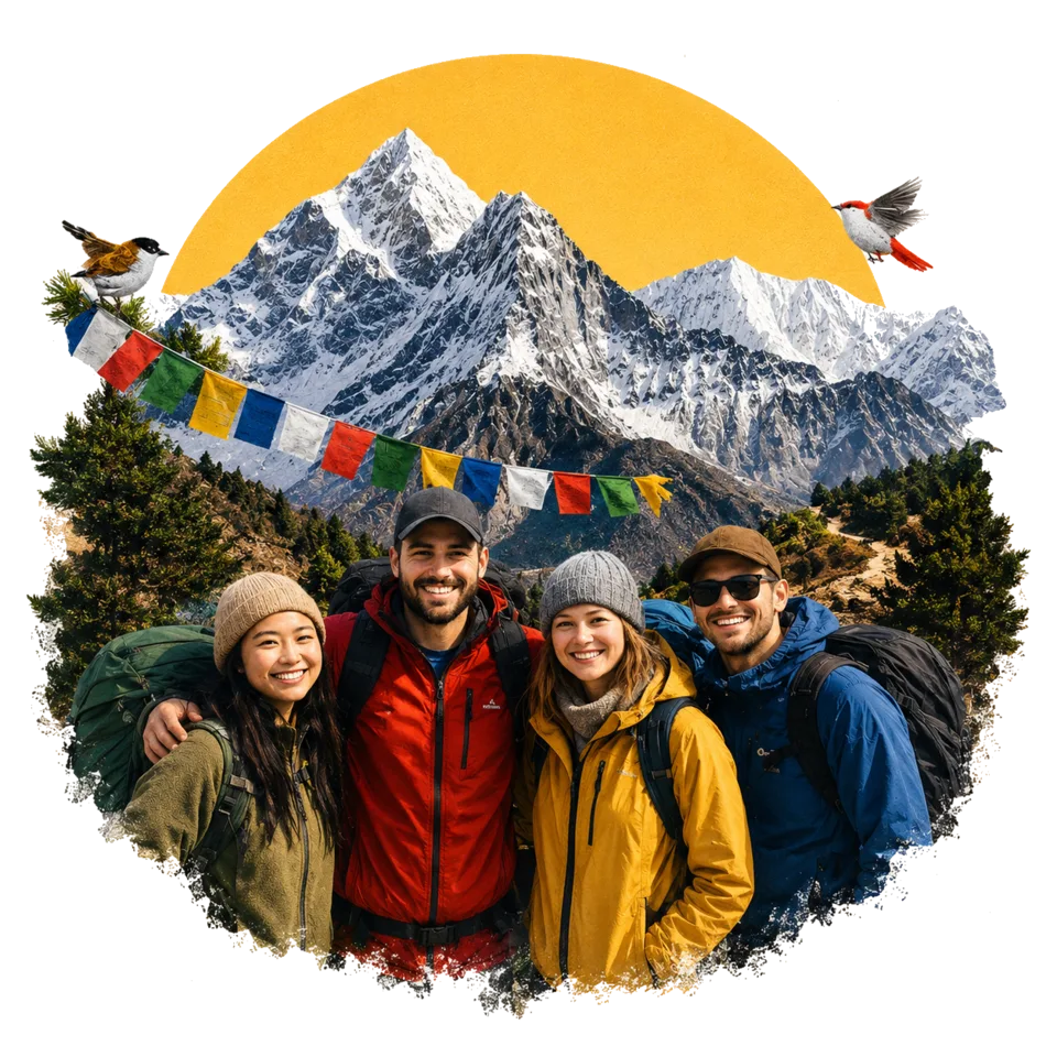 Trekkers who met through TravelBuddy, standing together in front of the Himalayas with prayer flags
